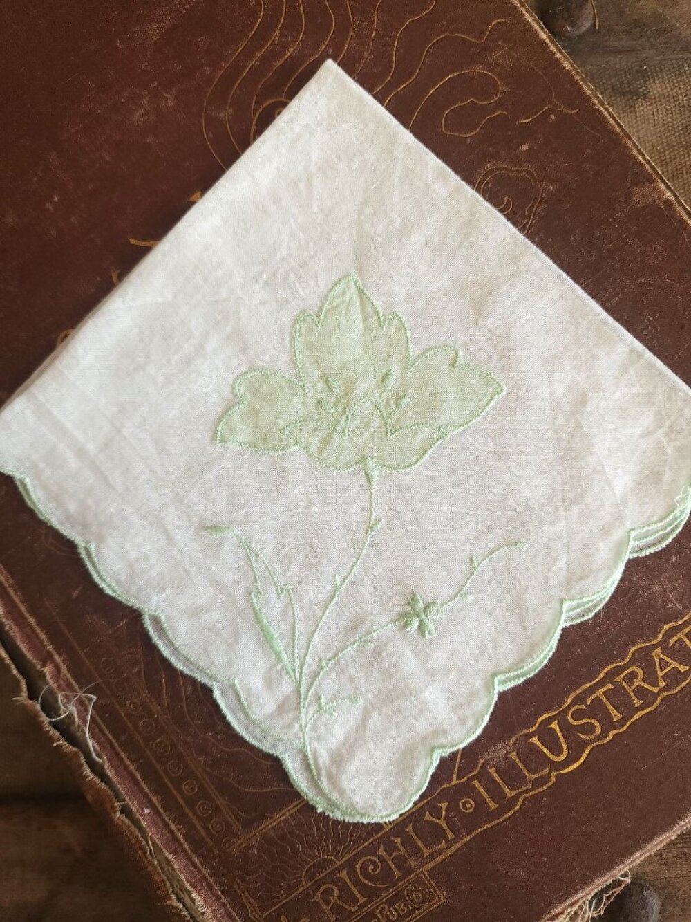 Vintage Handkerchief, Green Flower Applique and Embroidery on White Linen Hanky